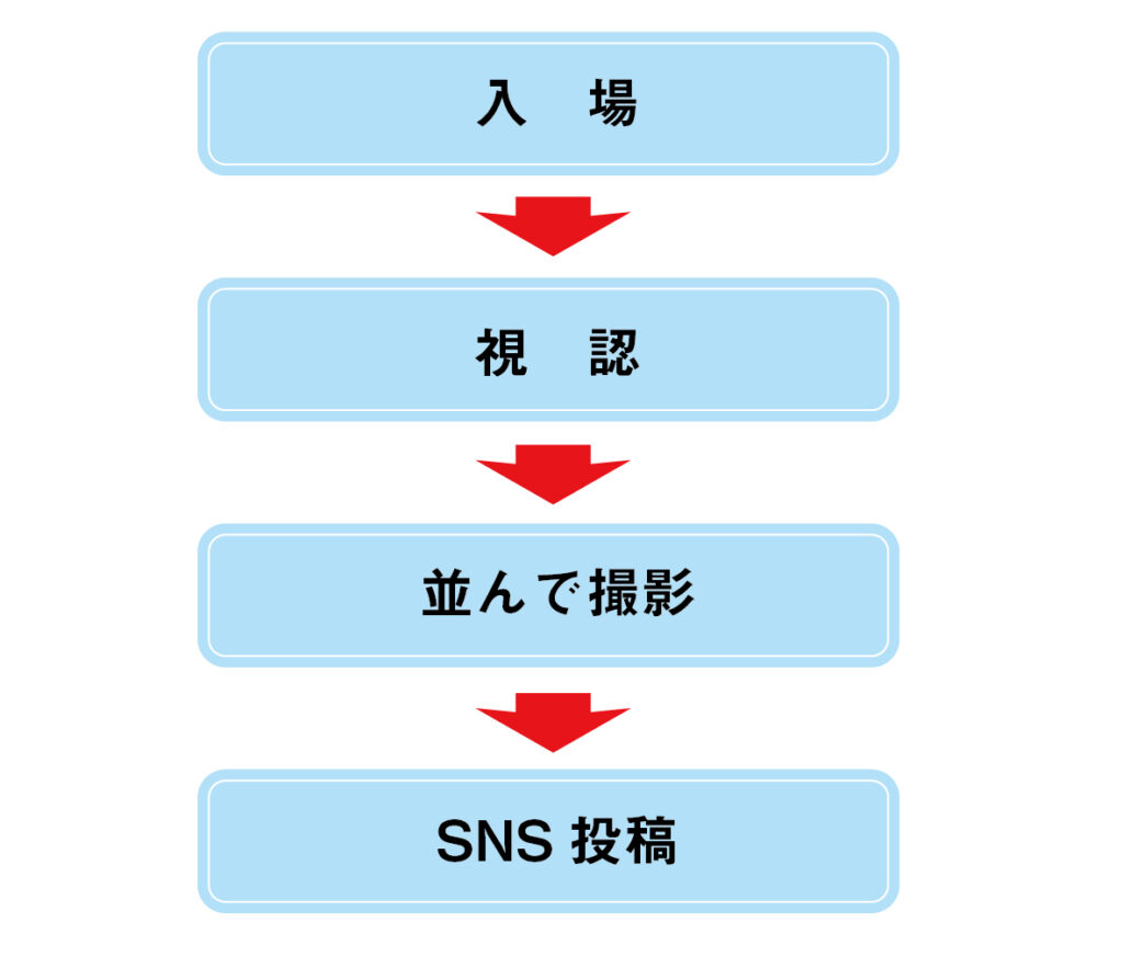 来場者の体験の流れ：入場→視認→並んで撮影→SNS投稿